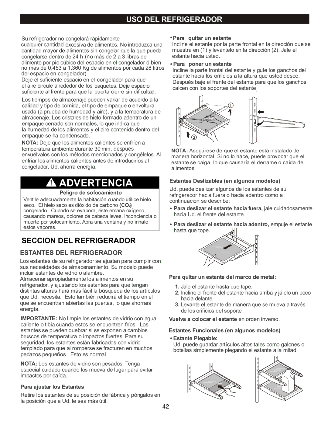 LG Electronics LFC20760 owner manual Estantes DEL Refrigerador, Peligro de sofocamiento 