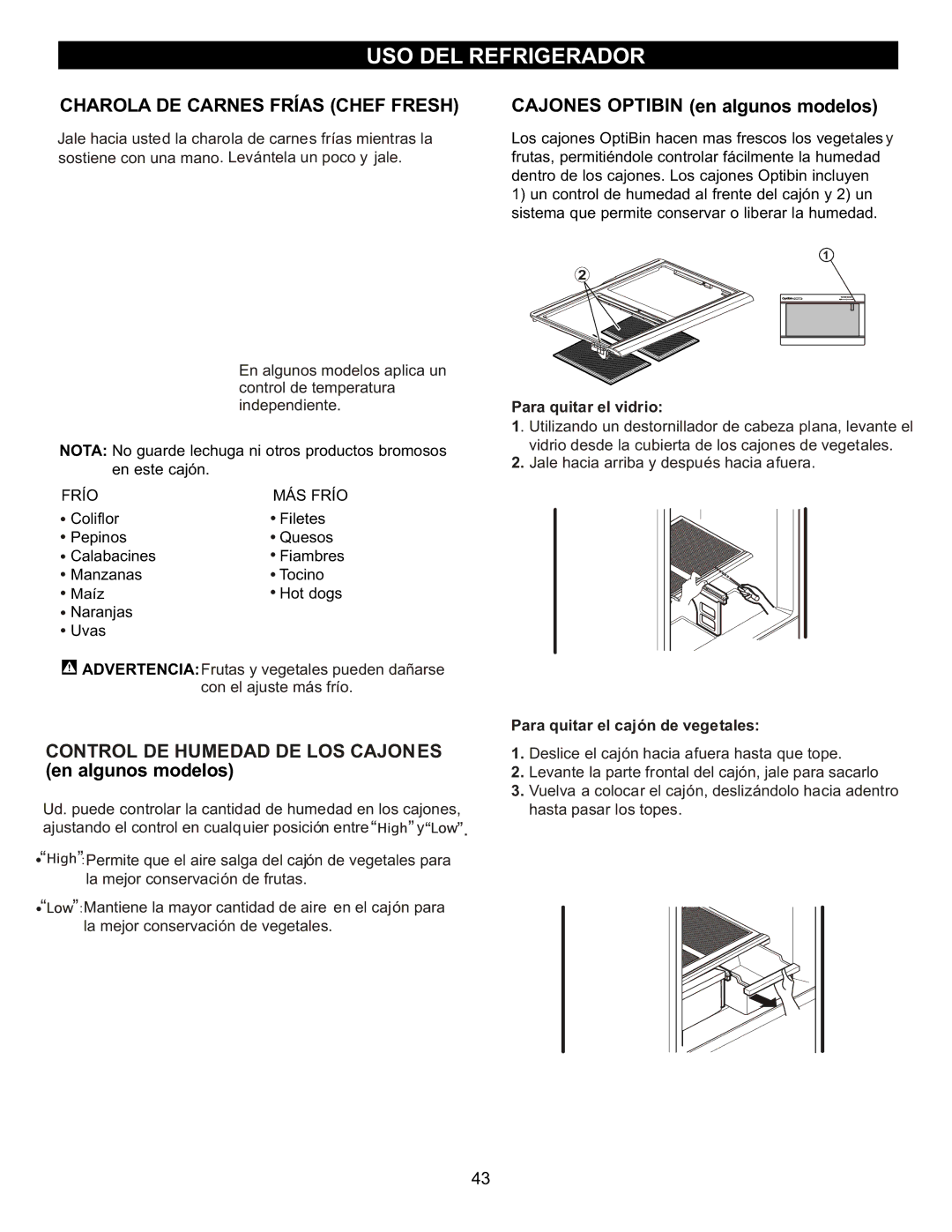 LG Electronics LFC20760 Charola DE Carnes Frías Chef Fresh, Cajones Optibin en algunos modelos, Para quitar el vidrio 