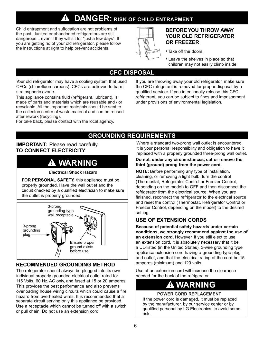 LG Electronics LFC20760 CFC Disposal, Grounding Requirements, To Connect Electricity, Recommended Grounding Method 