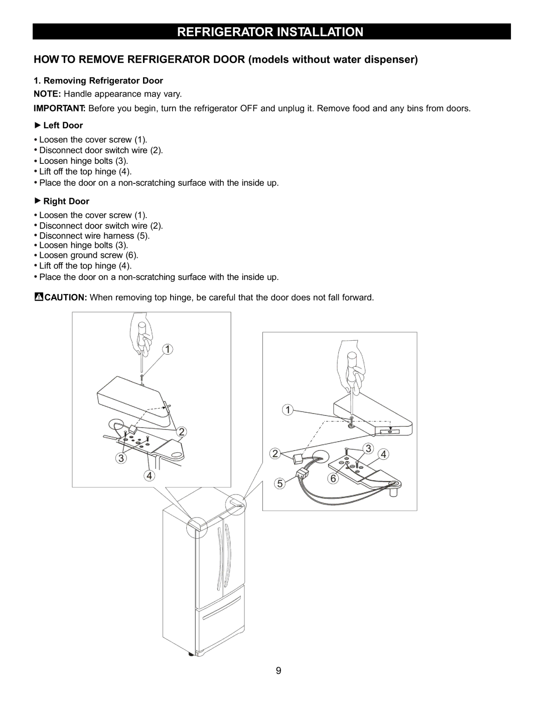 LG Electronics LFC20760 owner manual Removing Refrigerator Door Note Handle appearance may vary, Left Door, Right Door 