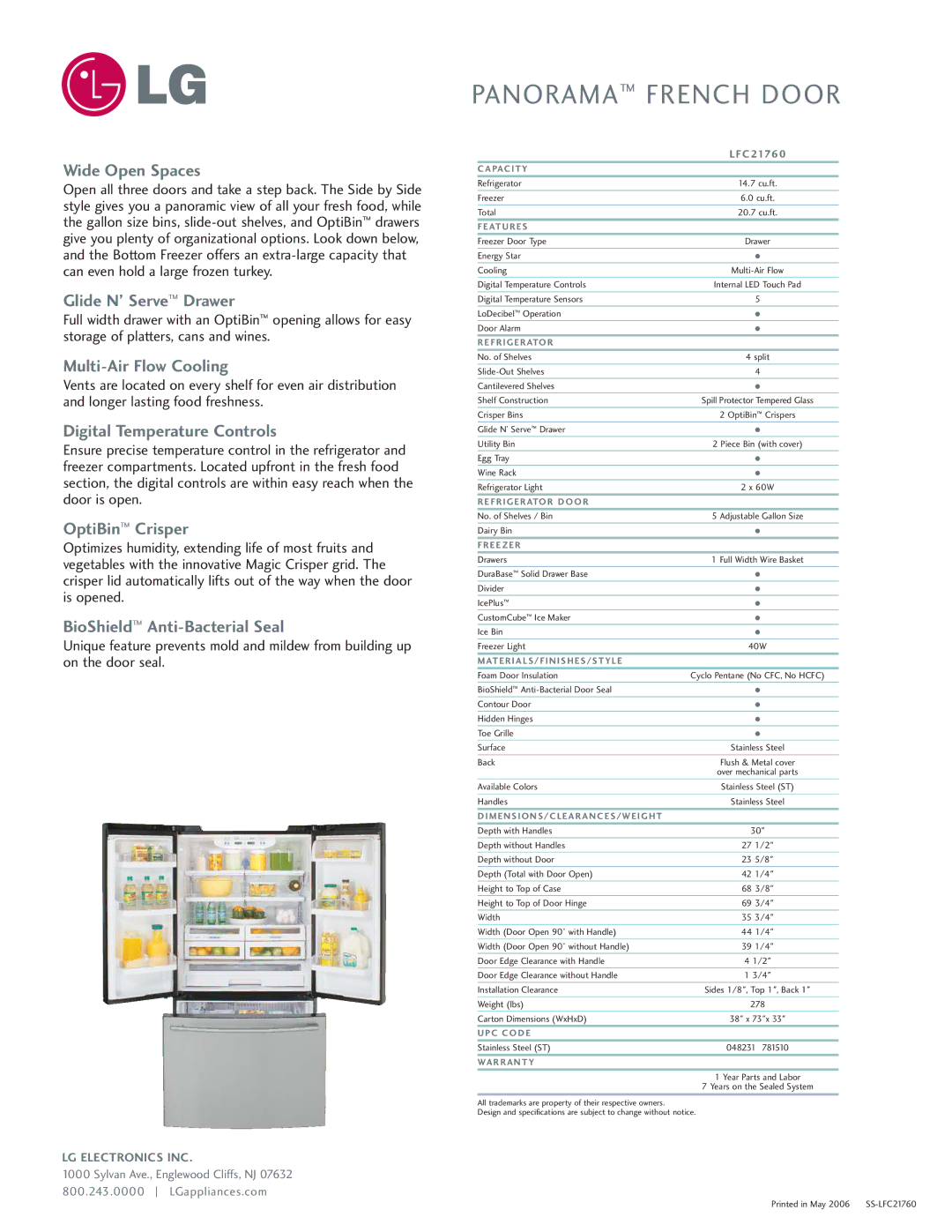 LG Electronics LFC21760 Wide Open Spaces, Glide N’ Serve Drawer, Multi-Air Flow Cooling, Digital Temperature Controls 