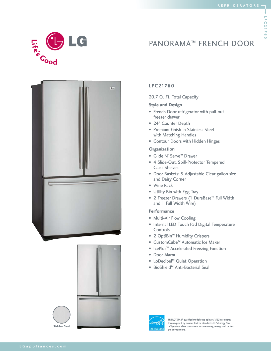LG Electronics LFC21760 manual Panorama French Door, L F C, Style and Design, Organization, Performance 