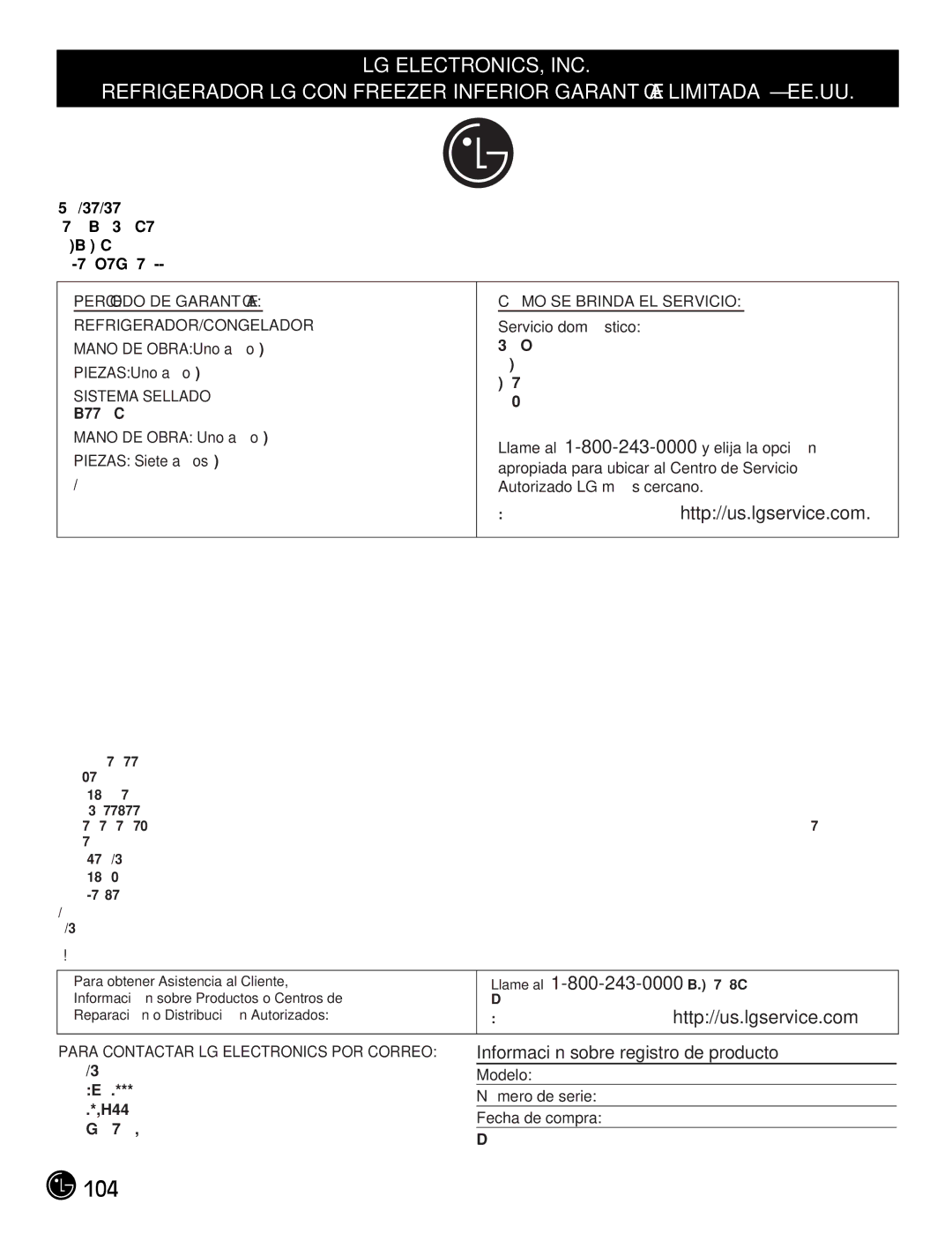 LG Electronics LFC21770, LFC25770 Servicio doméstico, Llame al 1-800-243-0000 y elija la opción, Autorizado LG más cercano 