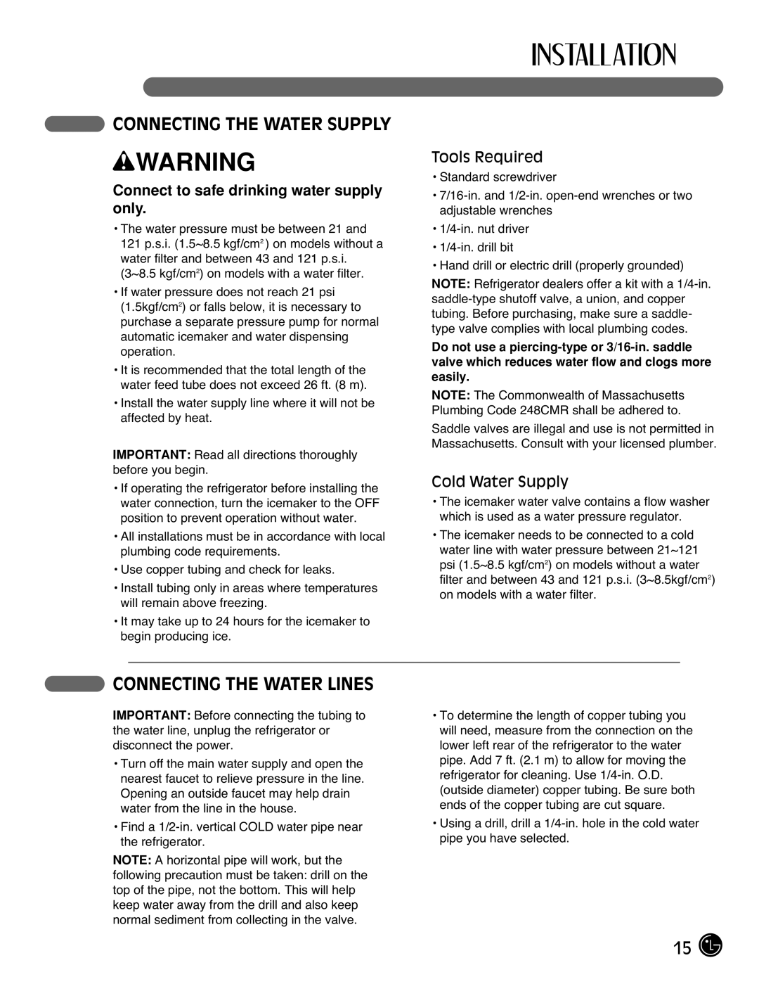 LG Electronics LFC25770 manual Connecting the Water Supply, Connecting the Water Lines, Tools Required, Cold Water Supply 