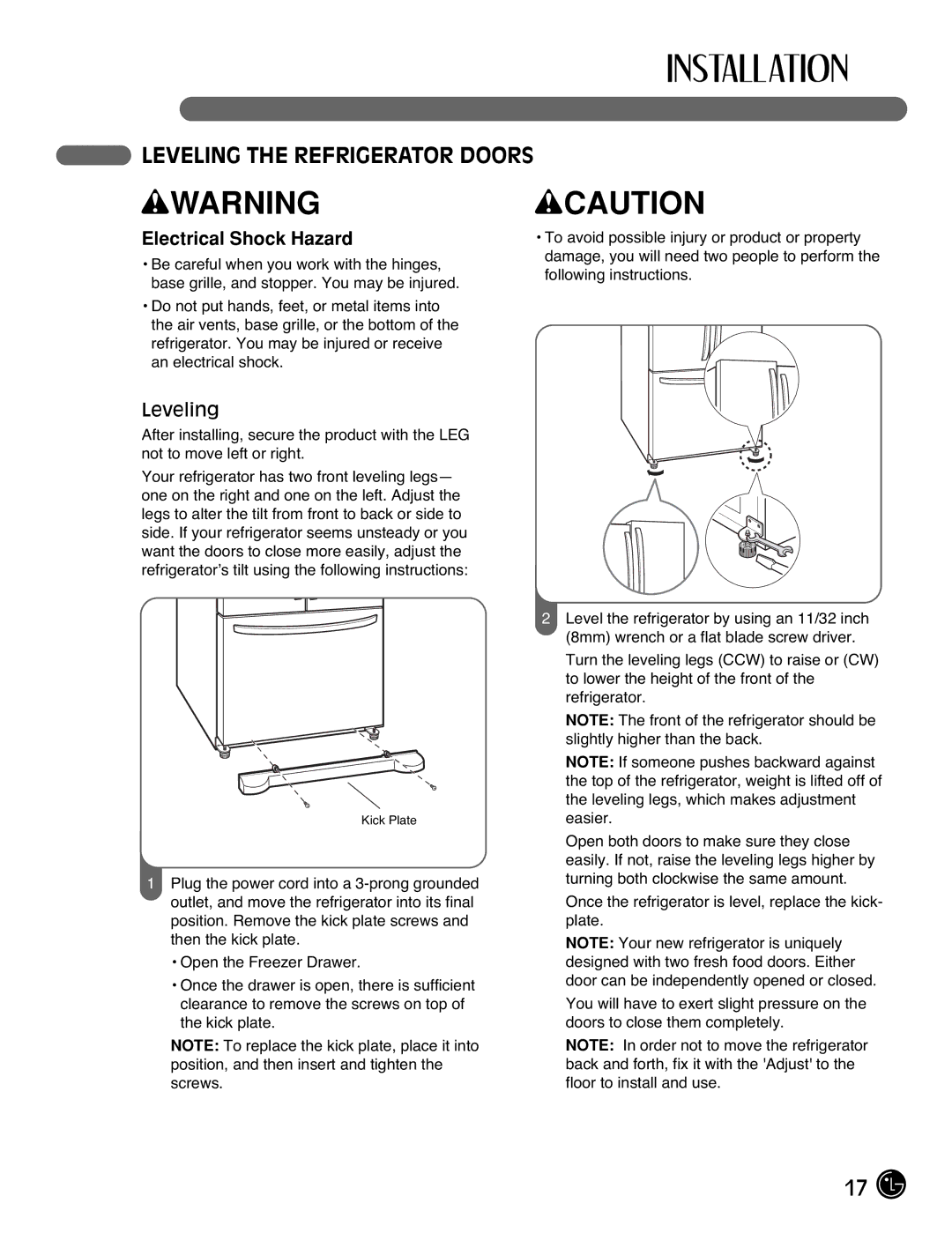 LG Electronics LFC25770, LFC21770 manual Leveling the Refrigerator Doors 