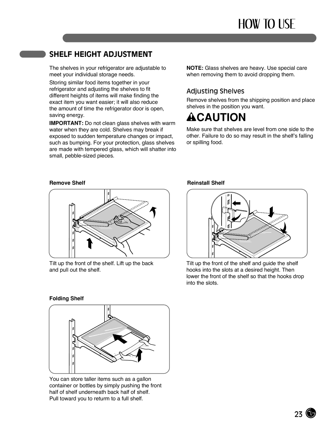 LG Electronics LFC25770, LFC21770 Shelf Height Adjustment, Adjusting Shelves, Remove Shelf, Folding Shelf, Reinstall Shelf 