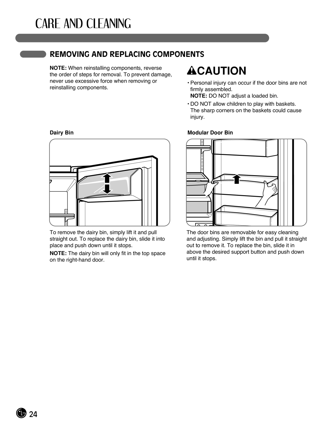 LG Electronics LFC21770, LFC25770 manual Removing and Replacing Components, Dairy Bin Modular Door Bin 