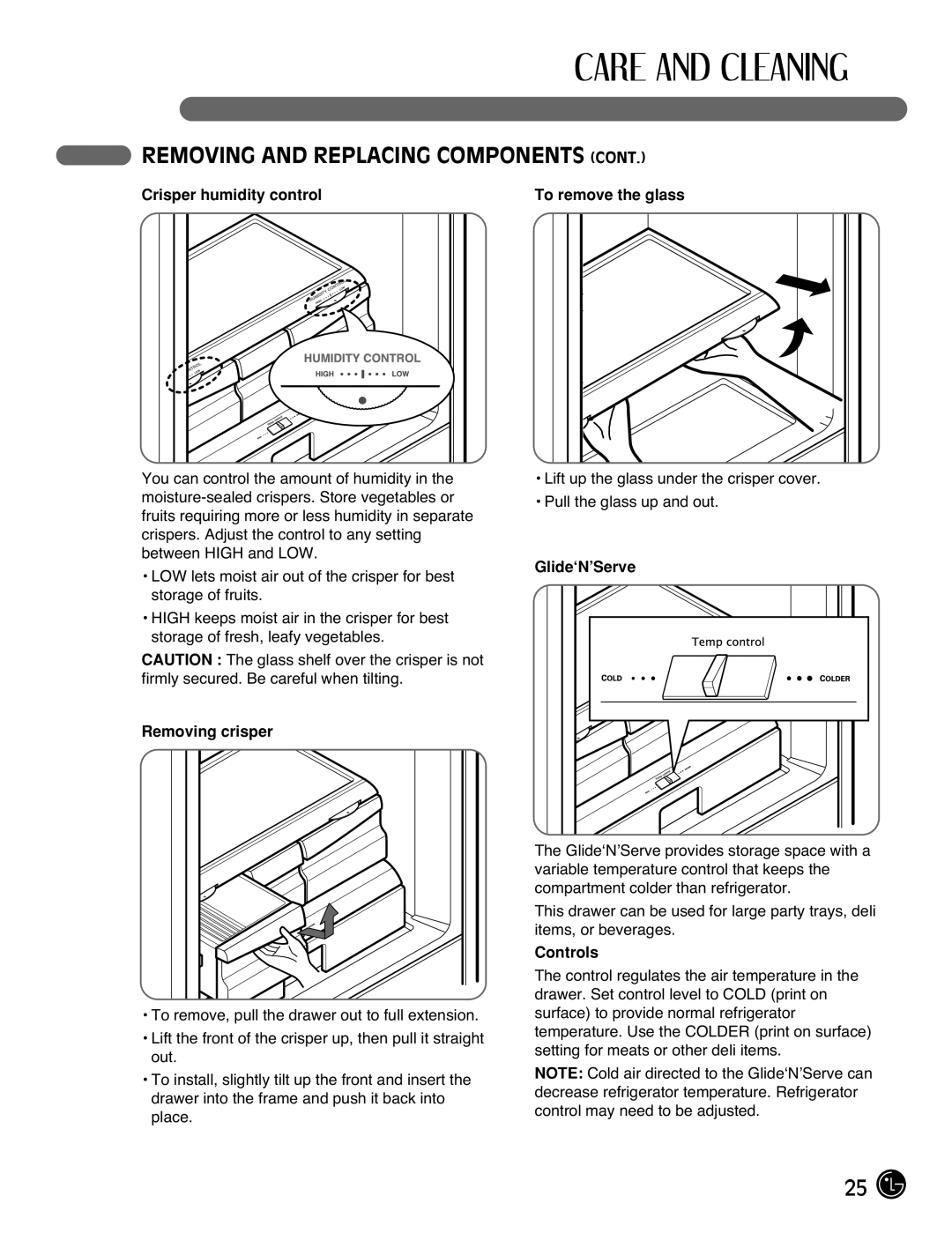 LG Electronics LFC25770, LFC21770 manual Crisper humidity control To remove the glass, Removing crisper, Controls 