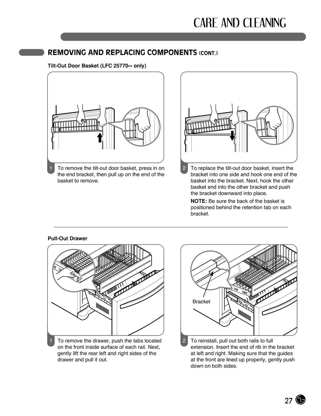 LG Electronics LFC25770, LFC21770 manual Tilt-Out Door Basket LFC 25770** only, Pull-Out Drawer 