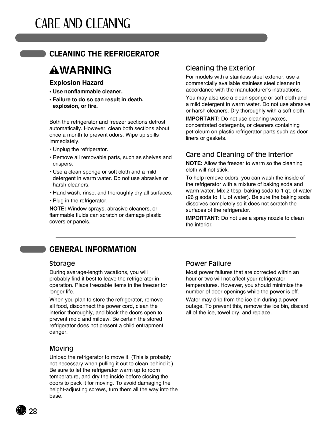 LG Electronics LFC21770, LFC25770 manual Cleaning the Refrigerator, General Information, Explosion Hazard 