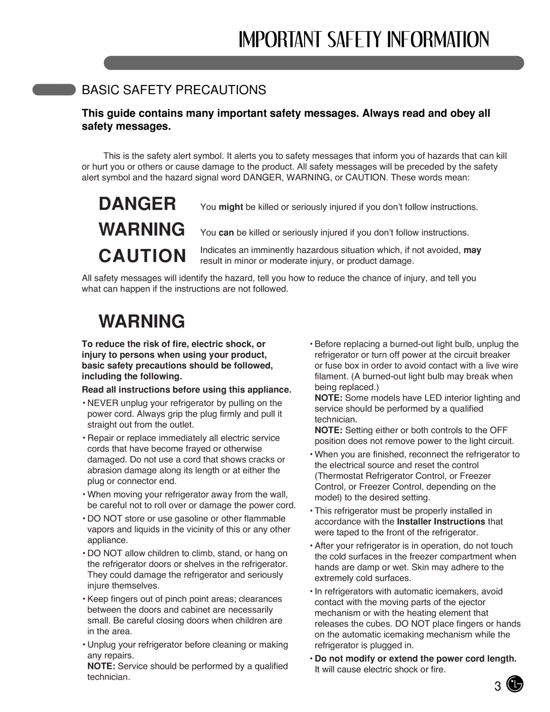 LG Electronics LFC25770, LFC21770 manual WDANGER wWARNING WCAUTION, Basic Safety Precautions 