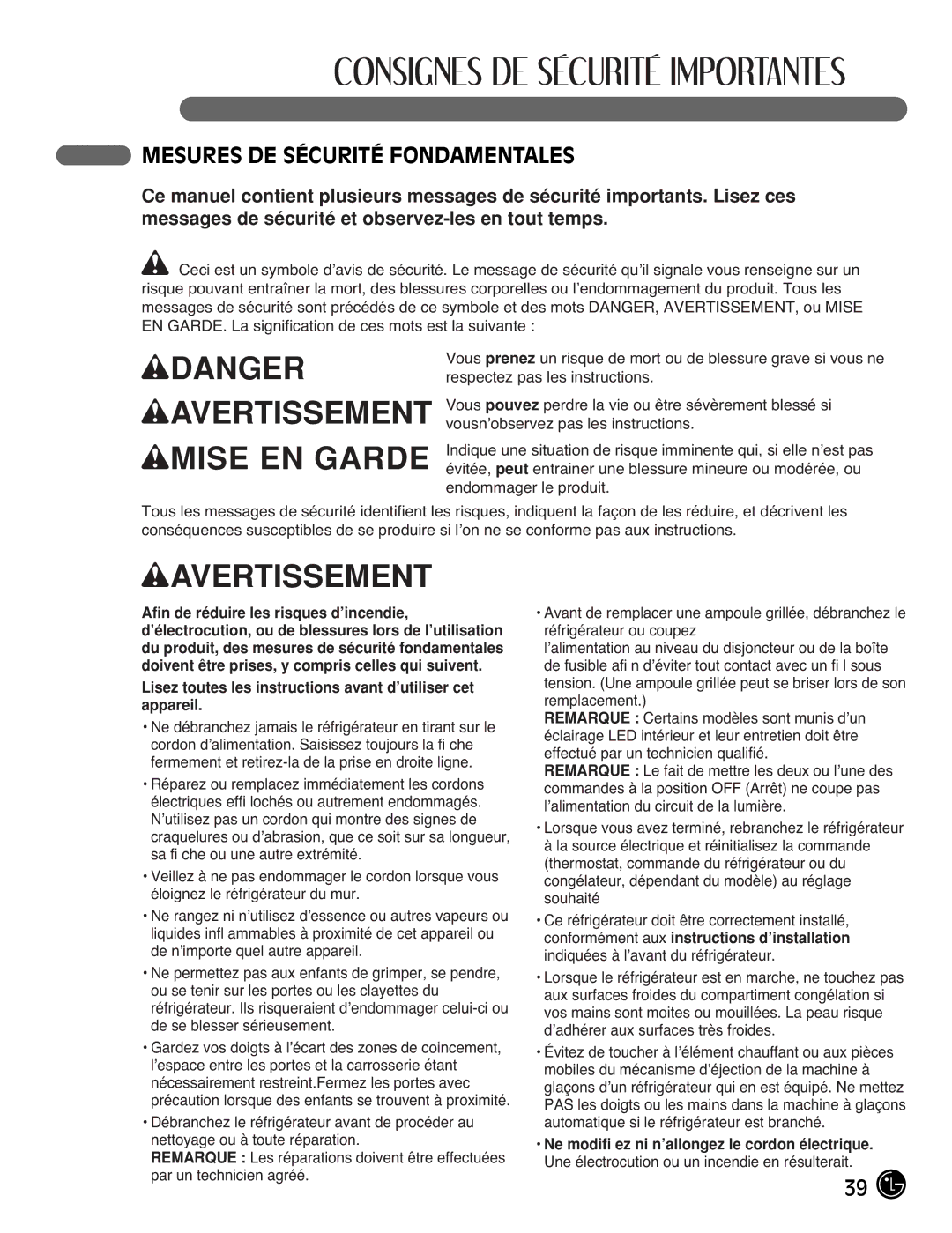 LG Electronics LFC25770 Mesures DE Sécurité Fondamentales, Lisez toutes les instructions avant d’utiliser cet appareil 