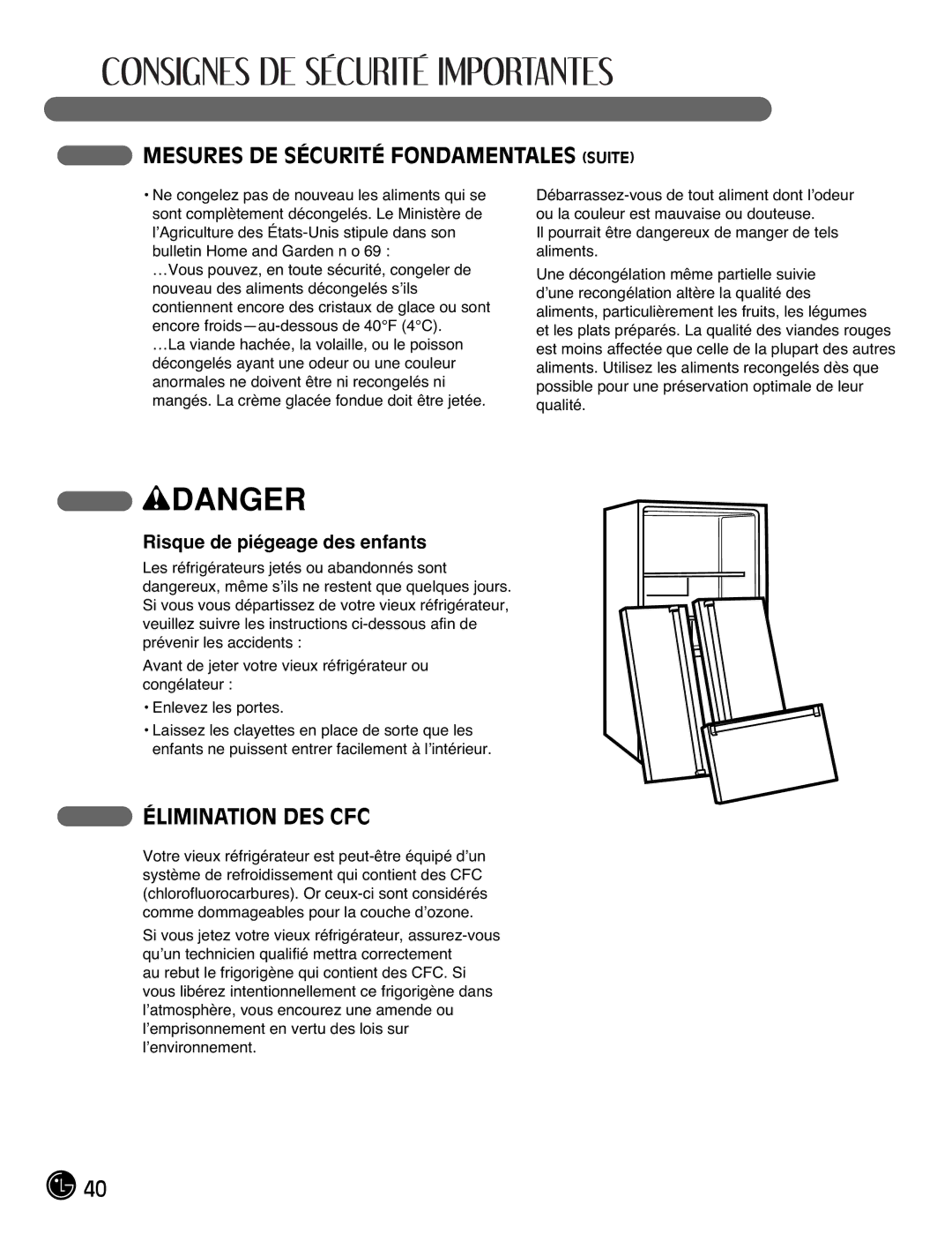 LG Electronics LFC21770 manual Mesures DE Sécurité Fondamentales Suite, Élimination DES CFC, Risque de piégeage des enfants 