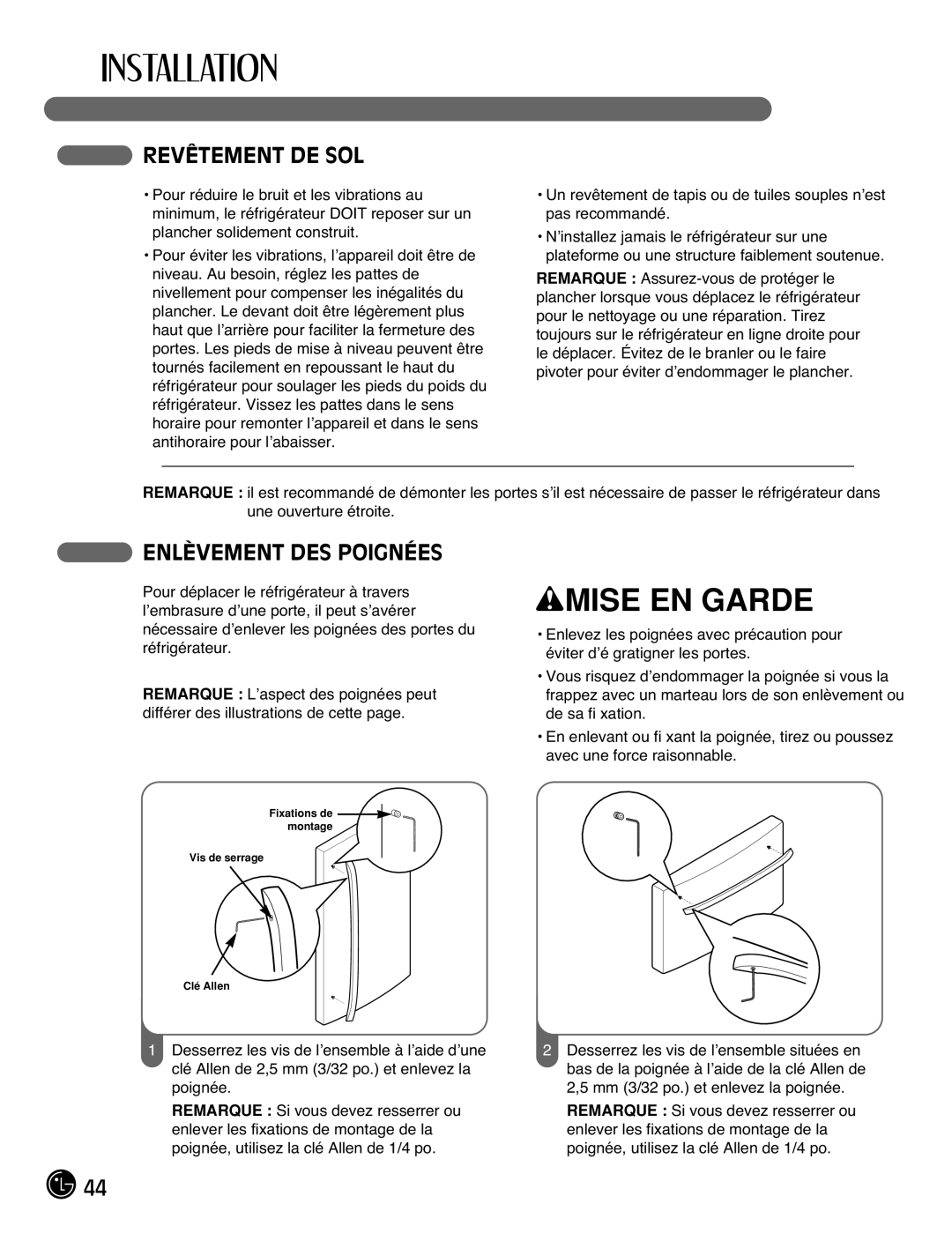 LG Electronics LFC21770, LFC25770 manual Revêtement DE SOL, Enlèvement DES Poignées 