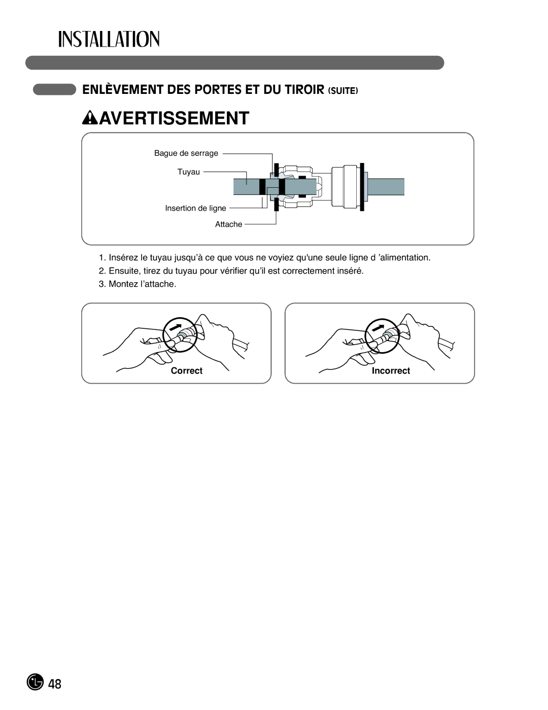 LG Electronics LFC21770, LFC25770 manual Bague de serrage Tuyau Insertion de ligne Attache 