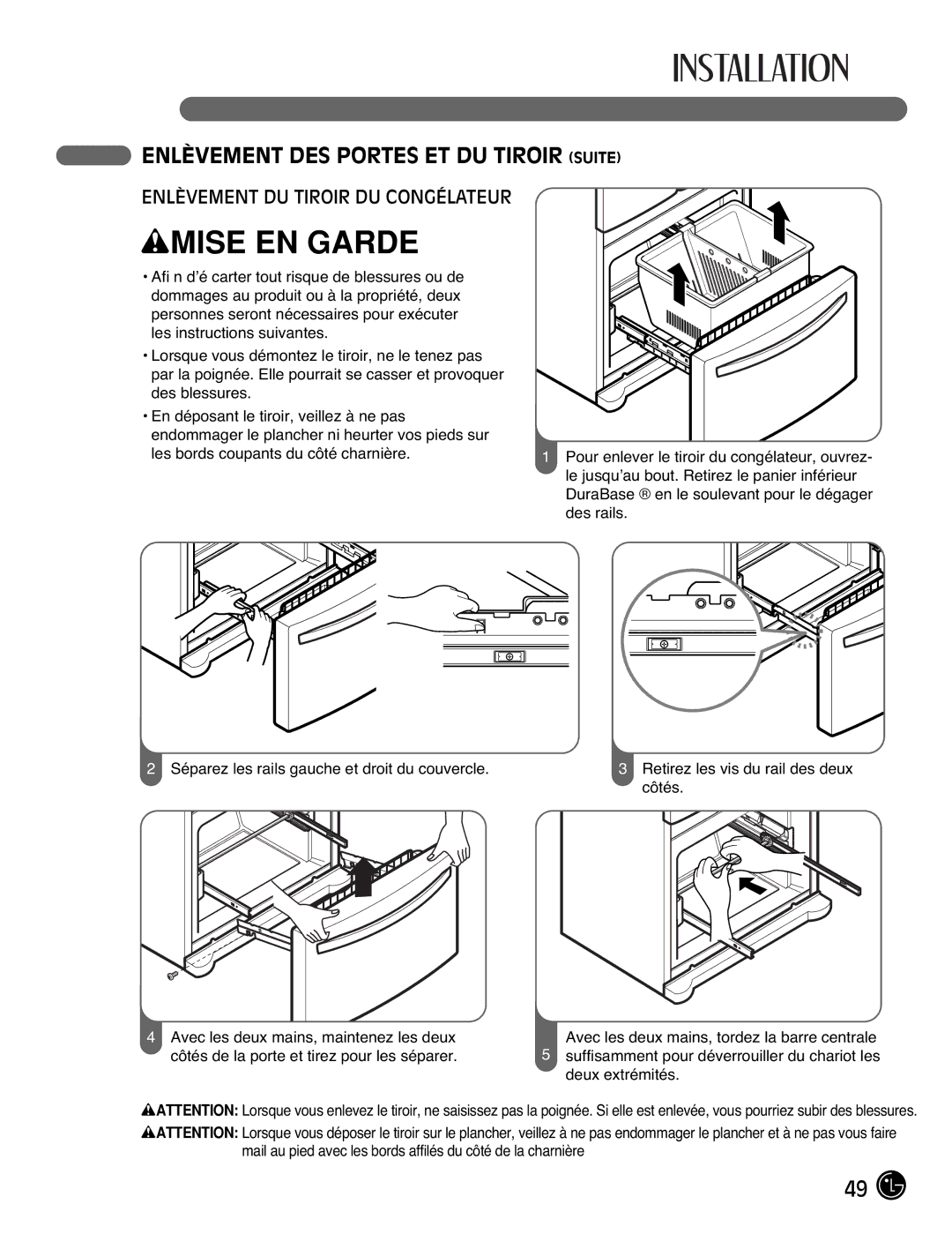 LG Electronics LFC25770, LFC21770 manual Enlèvement DU Tiroir DU Congélateur 