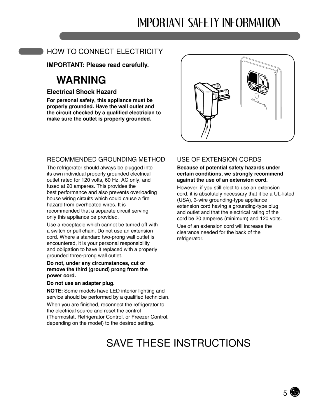 LG Electronics LFC25770, LFC21770 HOW to Connect Electricity, Important Please read carefully, Electrical Shock Hazard 