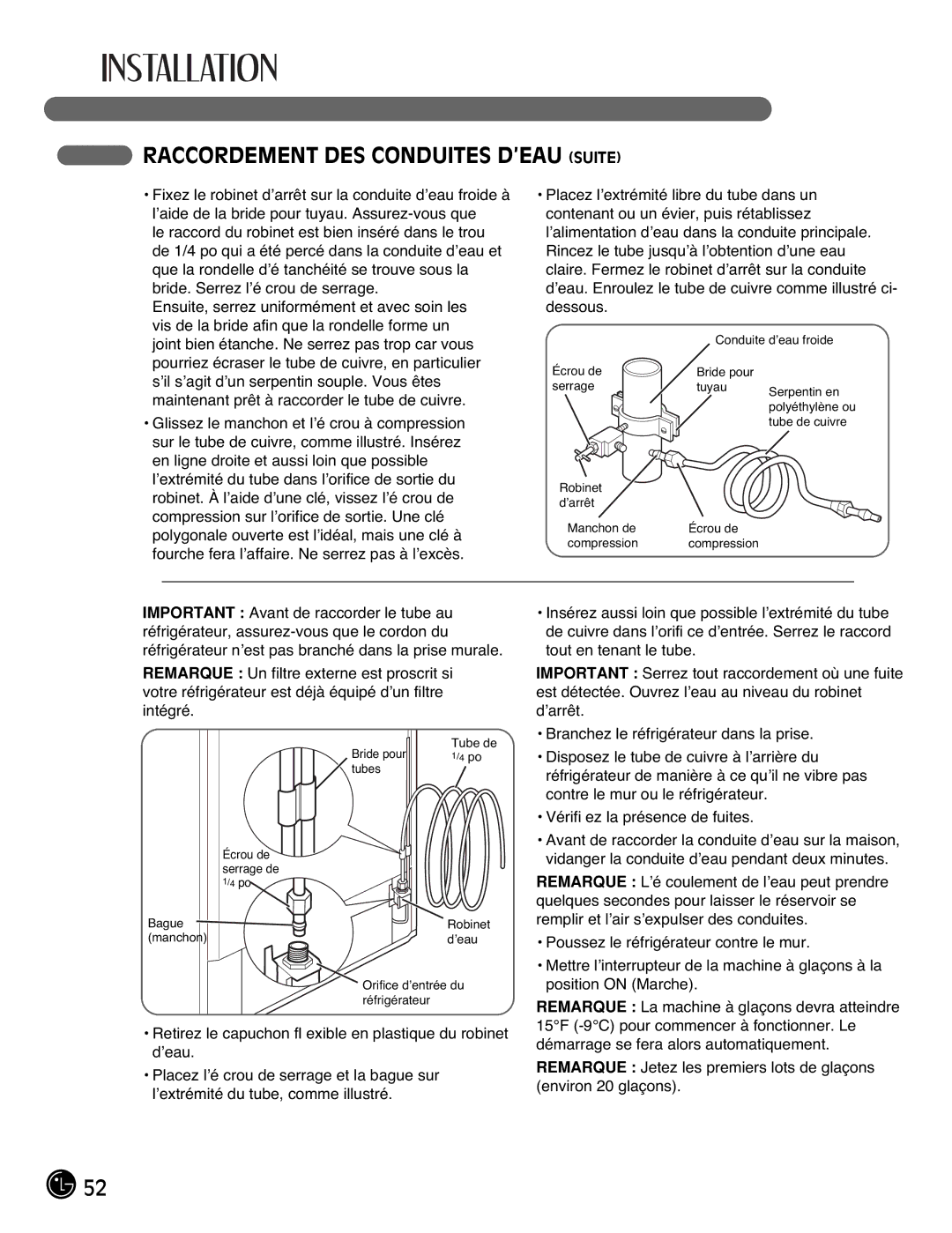 LG Electronics LFC21770, LFC25770 manual Raccordement DES Conduites D’EAU Suite 