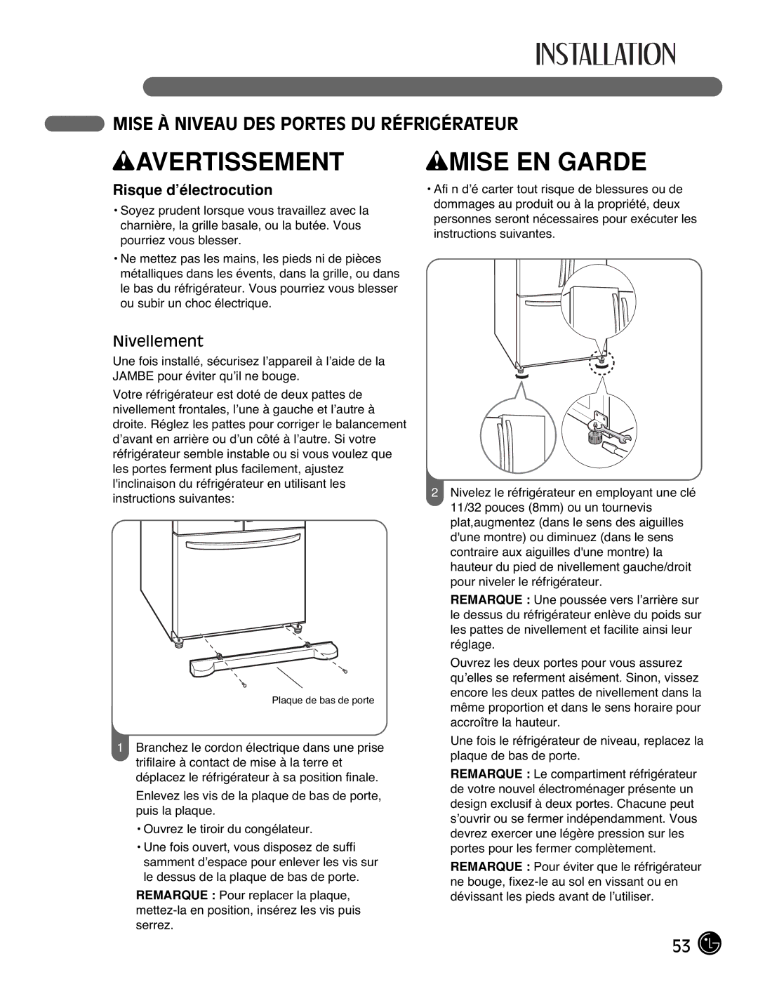 LG Electronics LFC25770, LFC21770 manual Mise À Niveau DES Portes DU Réfrigérateur, Nivellement 