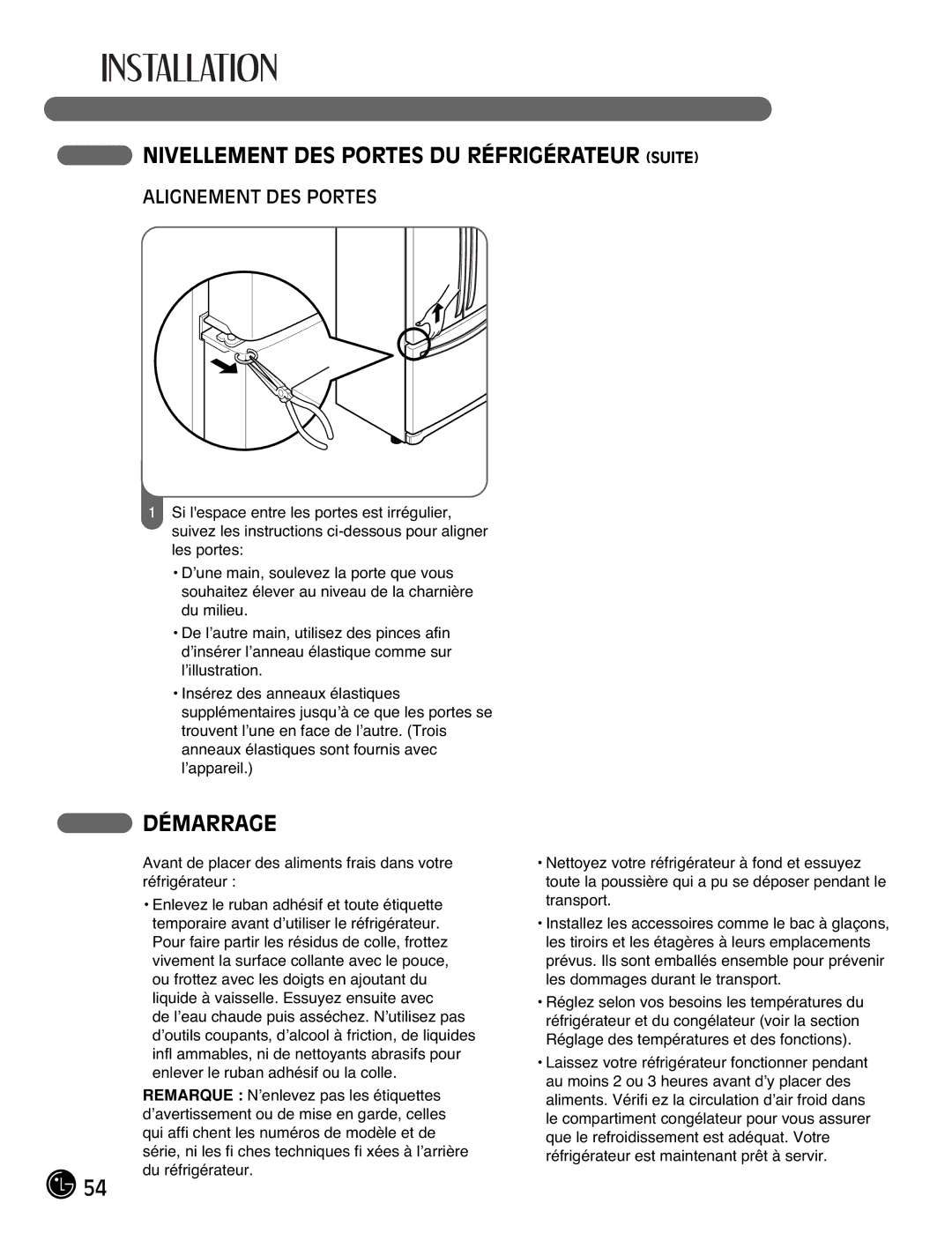 LG Electronics LFC21770, LFC25770 manual Nivellement DES Portes DU Réfrigérateur Suite, Démarrage, Alignement DES Portes 