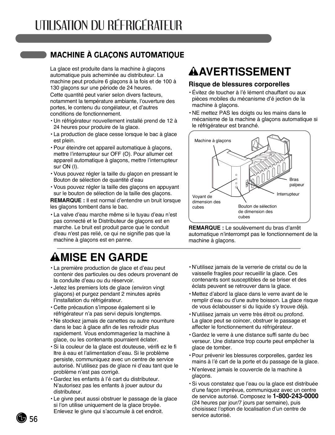 LG Electronics LFC21770, LFC25770 manual Machine À Glaçons Automatique, Risque de blessures corporelles 