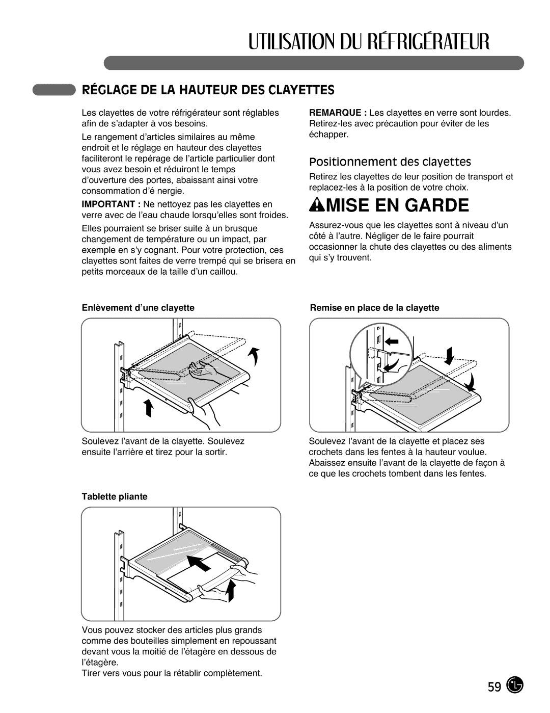 LG Electronics LFC25770 manual Réglage DE LA Hauteur DES Clayettes, Positionnement des clayettes, Enlèvement d’une clayette 