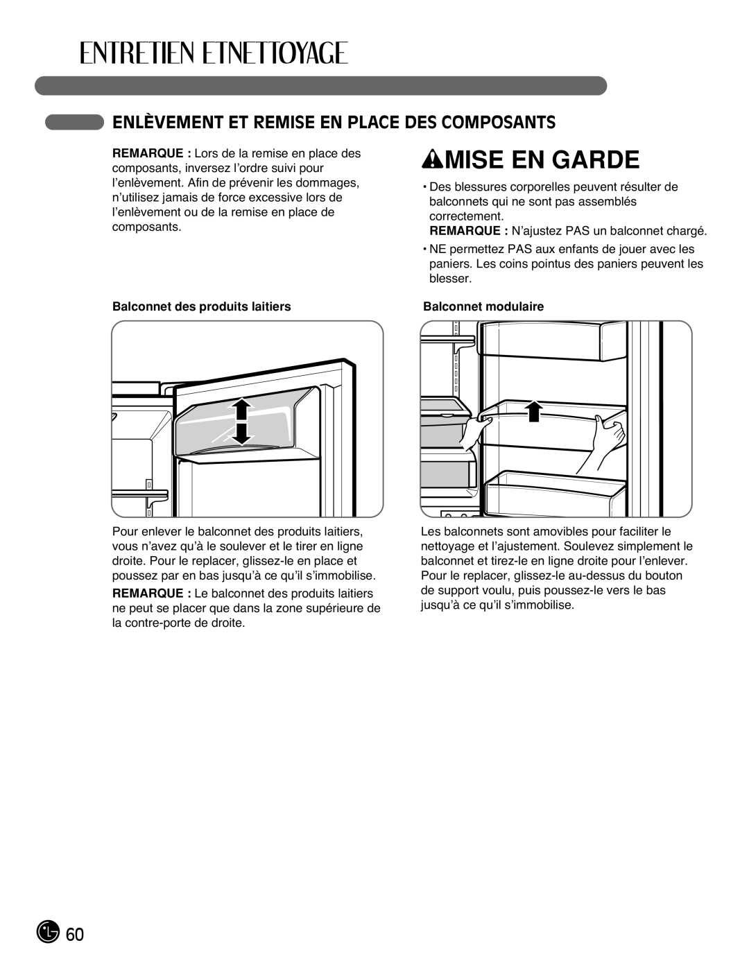 LG Electronics LFC21770, LFC25770 manual Enlèvement ET Remise EN Place DES Composants, Balconnet des produits laitiers 