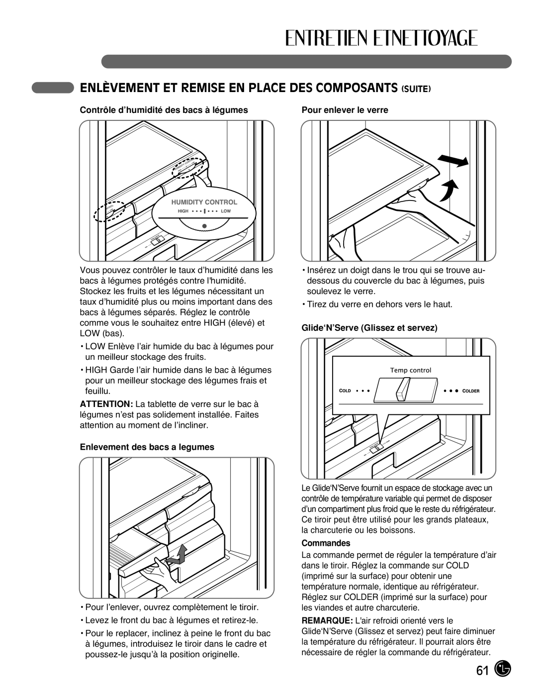 LG Electronics LFC25770 manual Enlèvement ET Remise EN Place DES Composants Suite, Contrôle d’humidité des bacs à légumes 