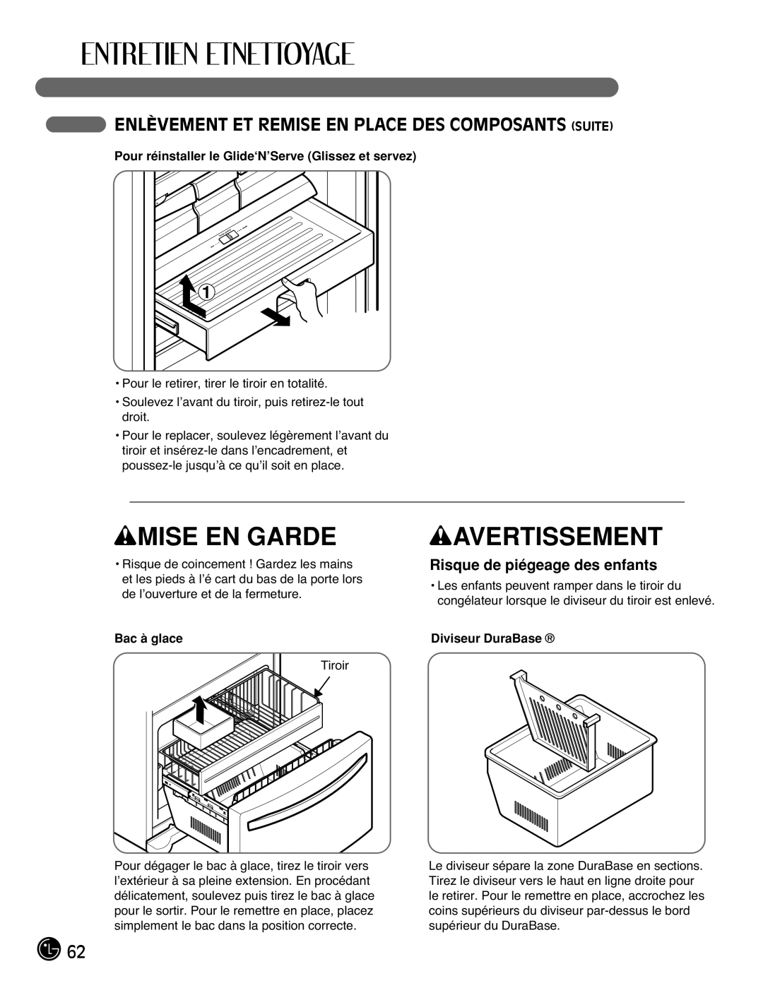 LG Electronics LFC21770, LFC25770 manual Pour réinstaller le Glide‘N’Serve Glissez et servez, Bac à glace, Diviseur DuraBase 