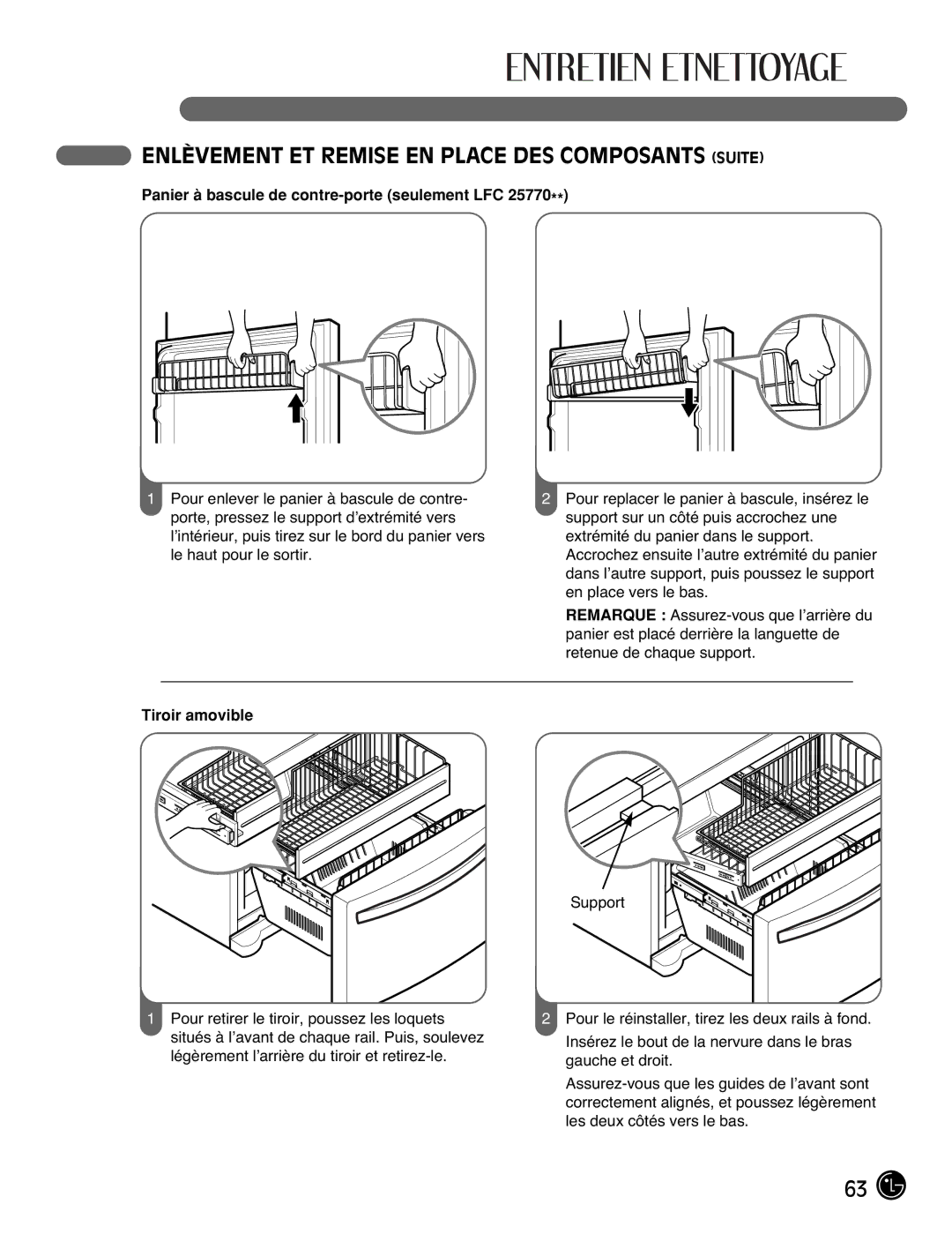 LG Electronics LFC25770, LFC21770 manual Panier à bascule de contre-porte seulement LFC, Tiroir amovible 