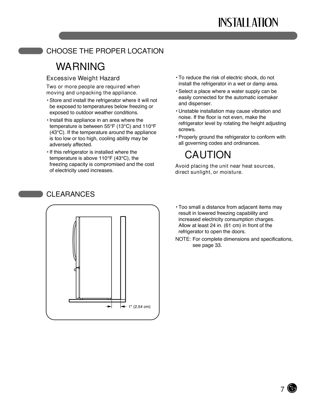 LG Electronics LFC25770, LFC21770 manual Choose the Proper Location, Clearances, Excessive Weight Hazard 