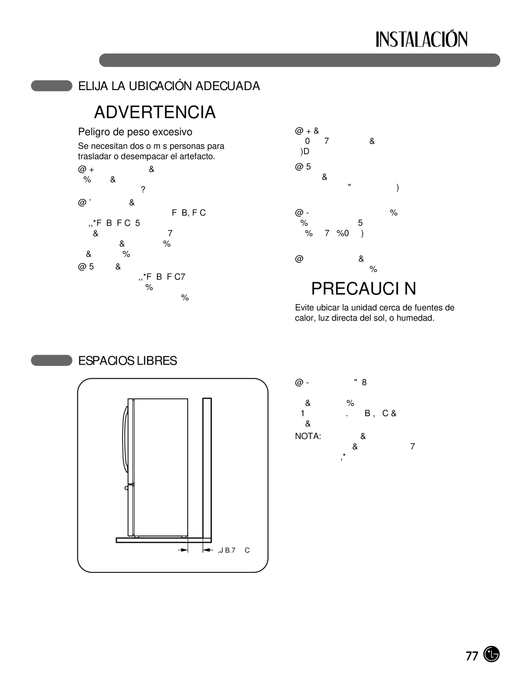 LG Electronics LFC25770, LFC21770 manual Elija LA Ubicación Adecuada, Espacios Libres, Peligro de peso excesivo 