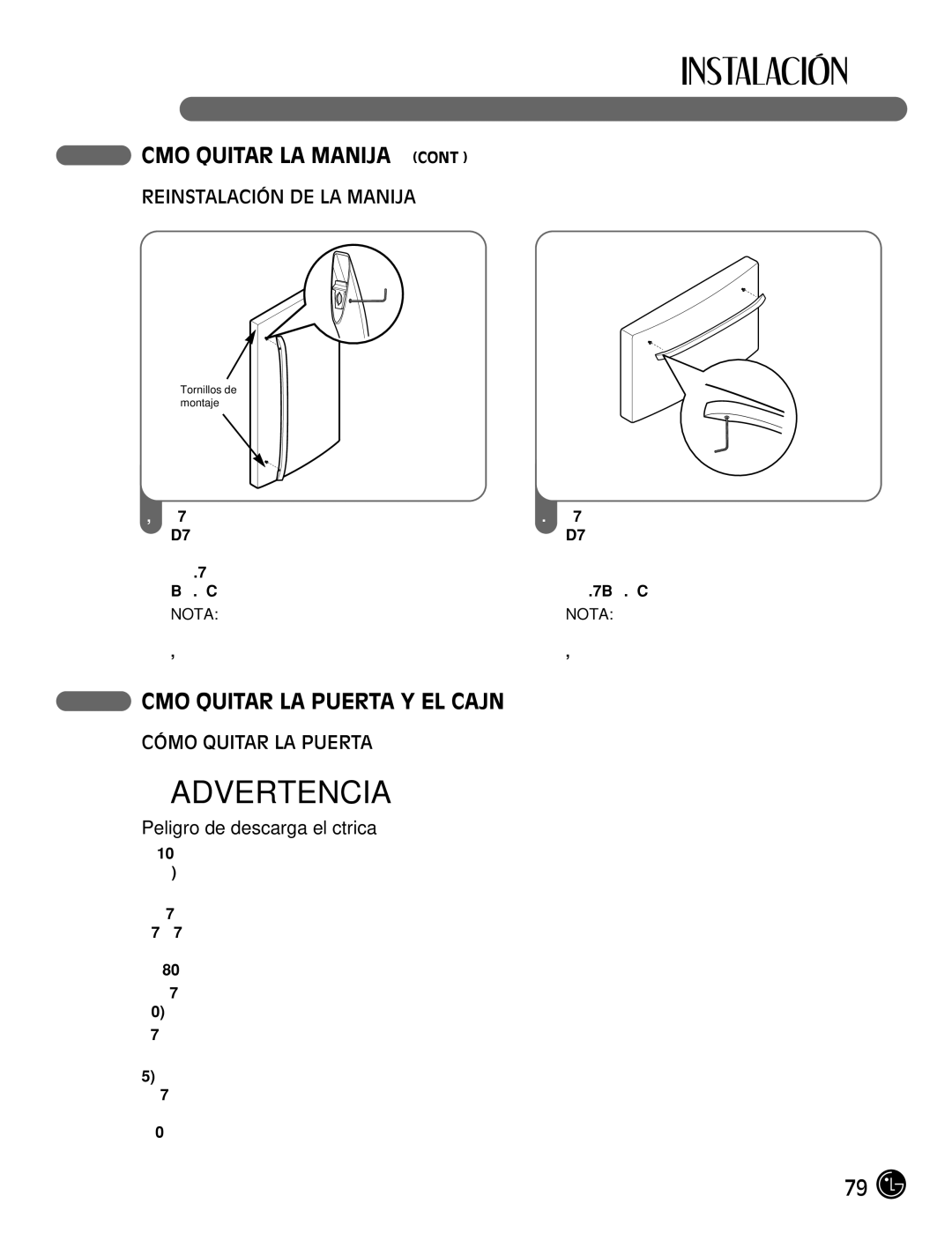 LG Electronics LFC25770, LFC21770 manual Cómo Quitar LA Puerta Y EL Cajón, Reinstalación DE LA Manija 