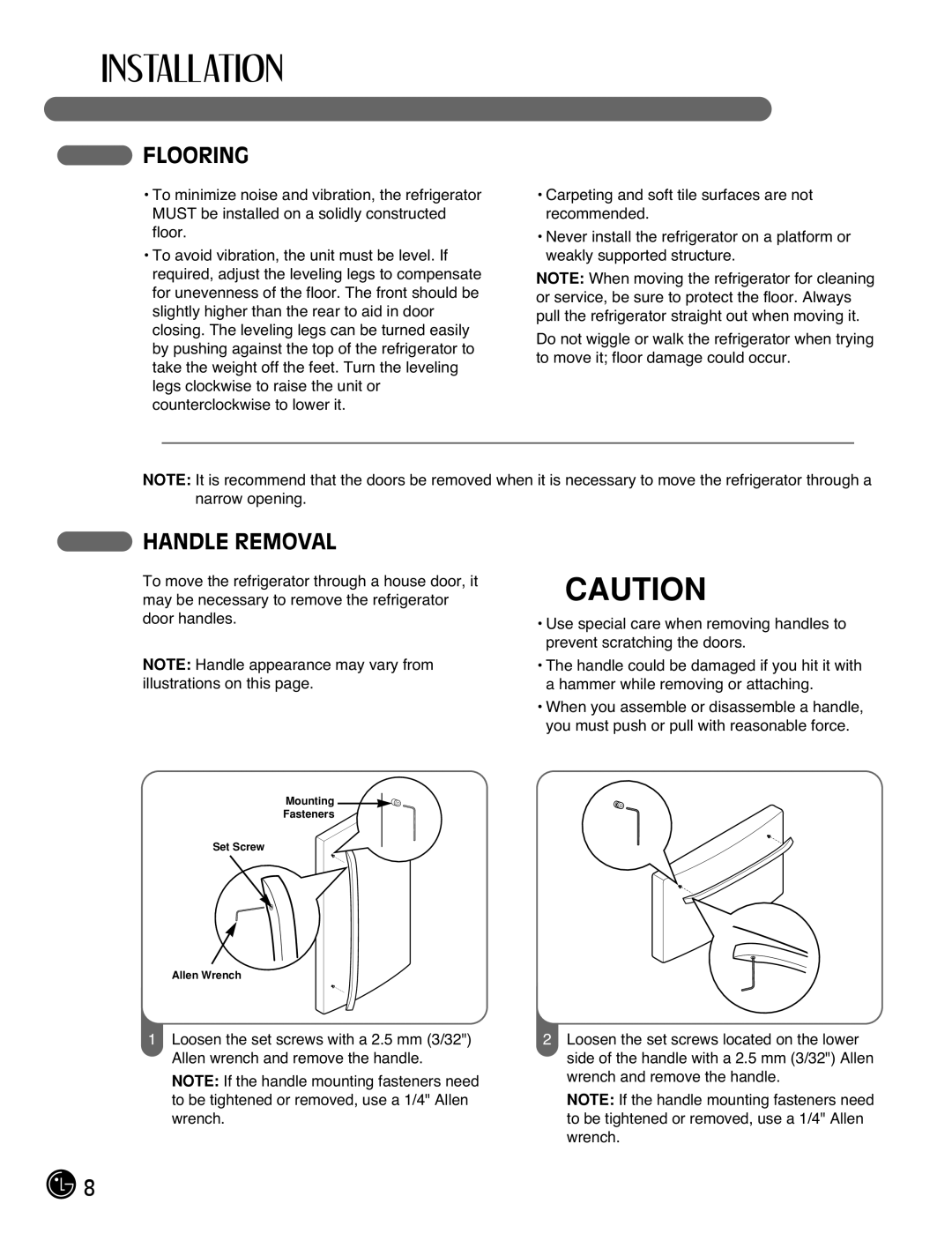 LG Electronics LFC21770, LFC25770 manual Flooring, Handle Removal 