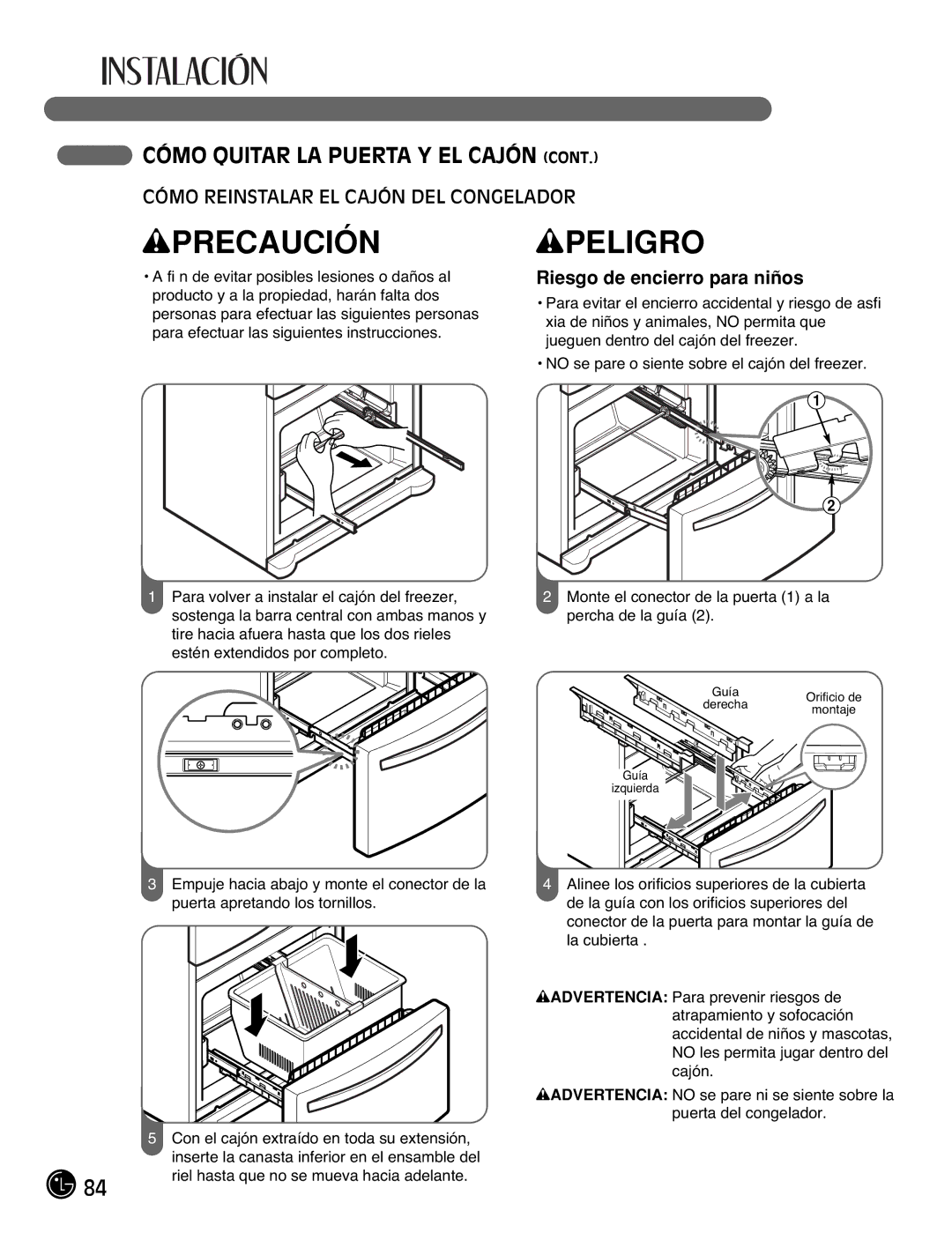 LG Electronics LFC21770, LFC25770 manual Cómo Reinstalar EL Cajón DEL Congelador, Riesgo de encierro para niños 