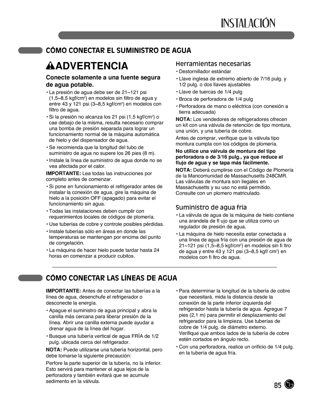 LG Electronics LFC25770 Cómo Conectar EL Suministro DE Agua, Cómo Conectar LAS Líneas DE Agua, Herramientas necesarias 