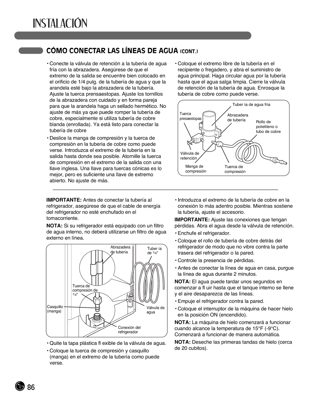 LG Electronics LFC21770, LFC25770 manual Tuber ía de agua fría 