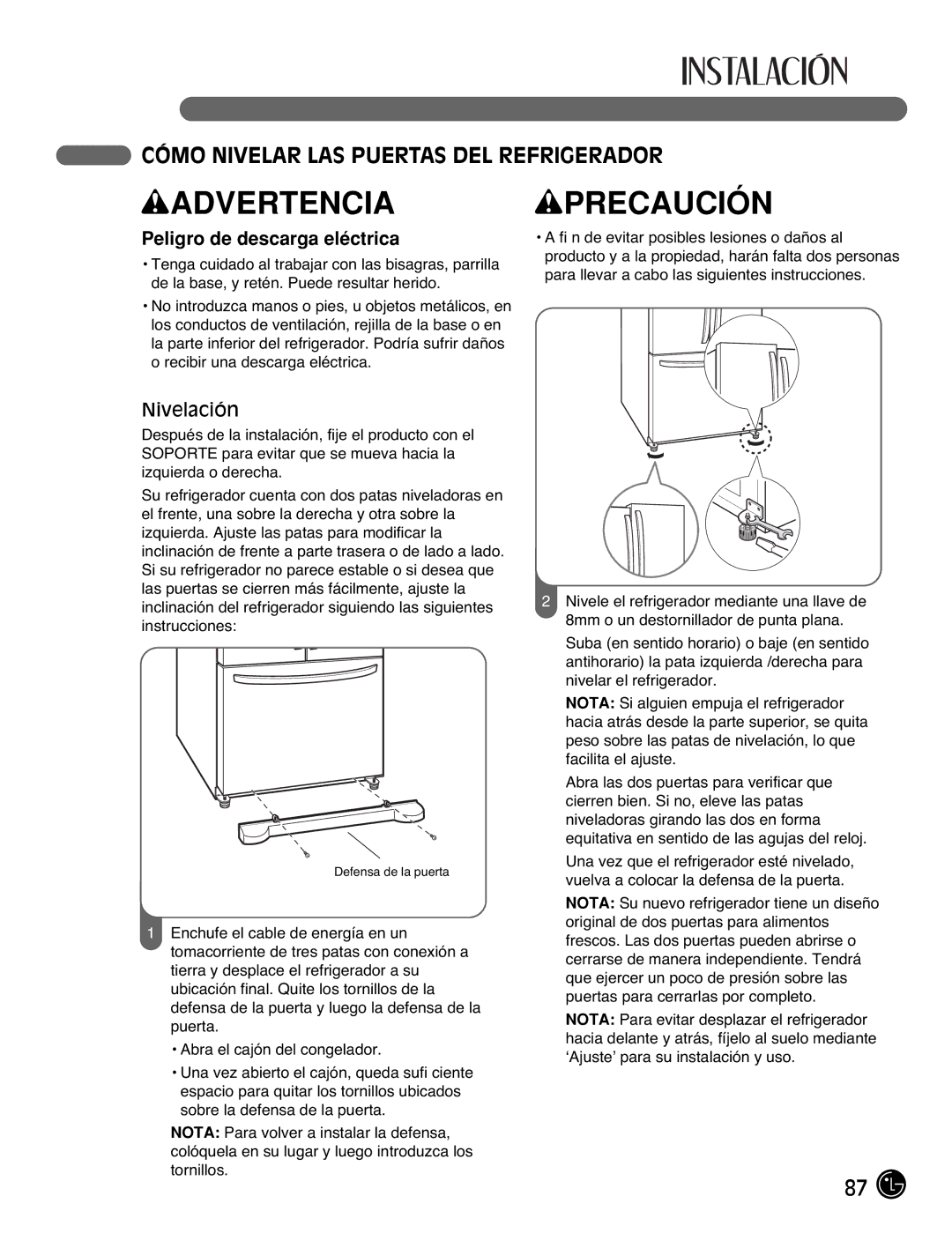 LG Electronics LFC25770, LFC21770 manual Cómo Nivelar LAS Puertas DEL Refrigerador, Nivelación 