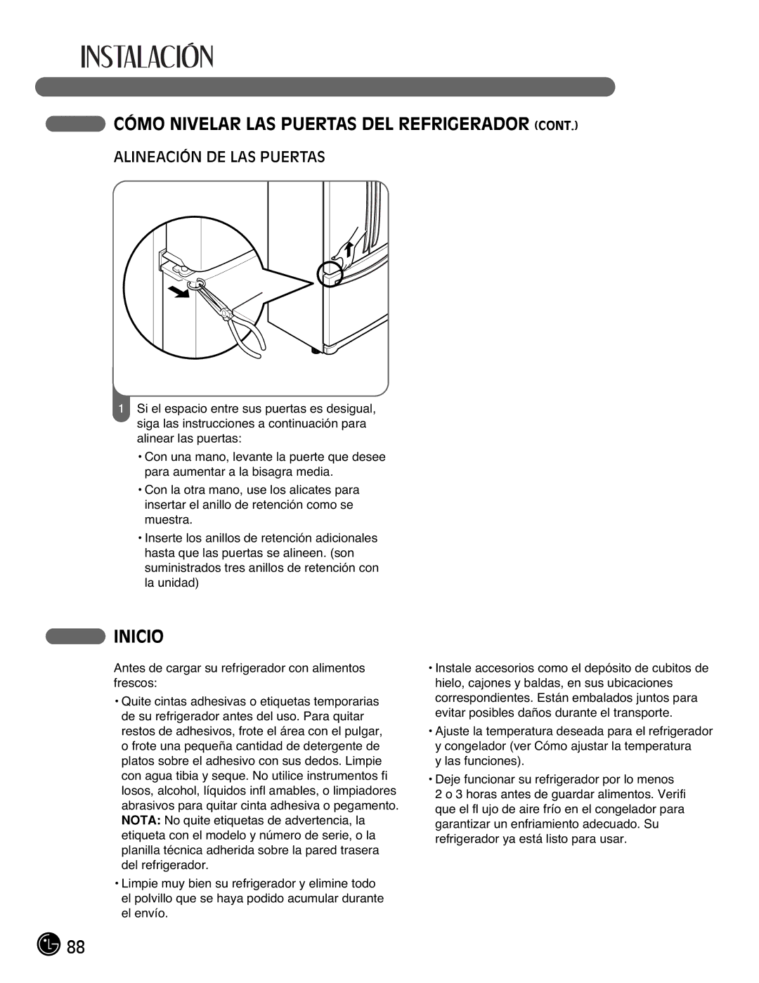 LG Electronics LFC21770, LFC25770 manual Inicio, Alineación DE LAS Puertas 