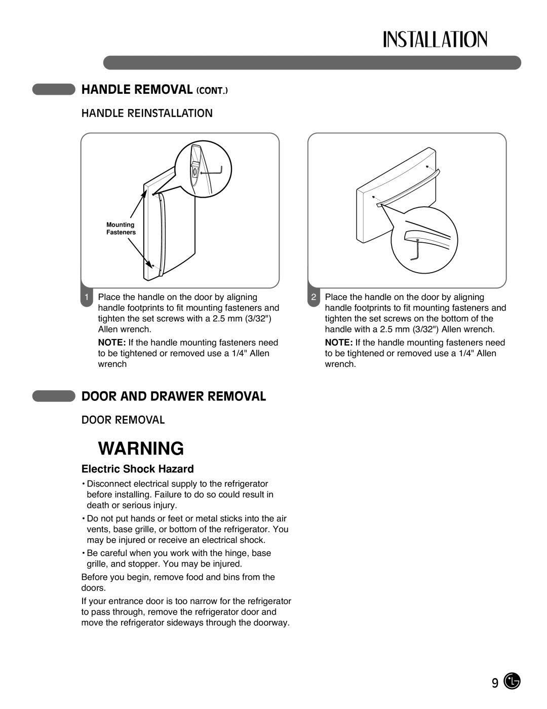 LG Electronics LFC25770, LFC21770 manual Door and Drawer Removal, Handle Reinstallation, Door Removal, Electric Shock Hazard 