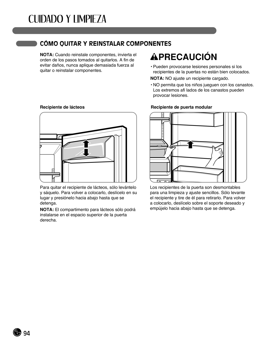 LG Electronics LFC21770, LFC25770 manual Cómo Quitar Y Reinstalar Componentes, Recipiente de lácteos 