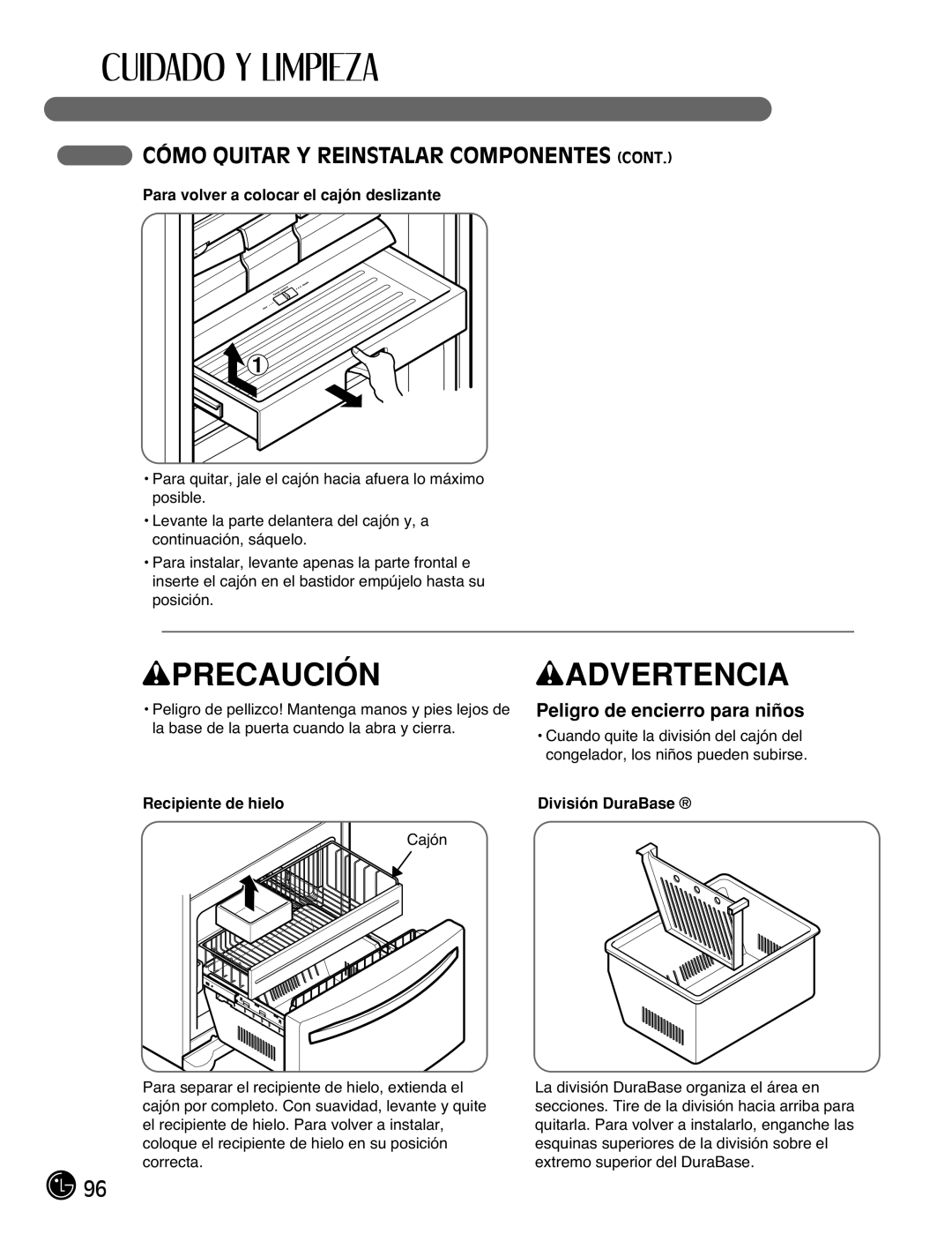 LG Electronics LFC21770 Peligro de encierro para niños, Para volver a colocar el cajón deslizante, Recipiente de hielo 