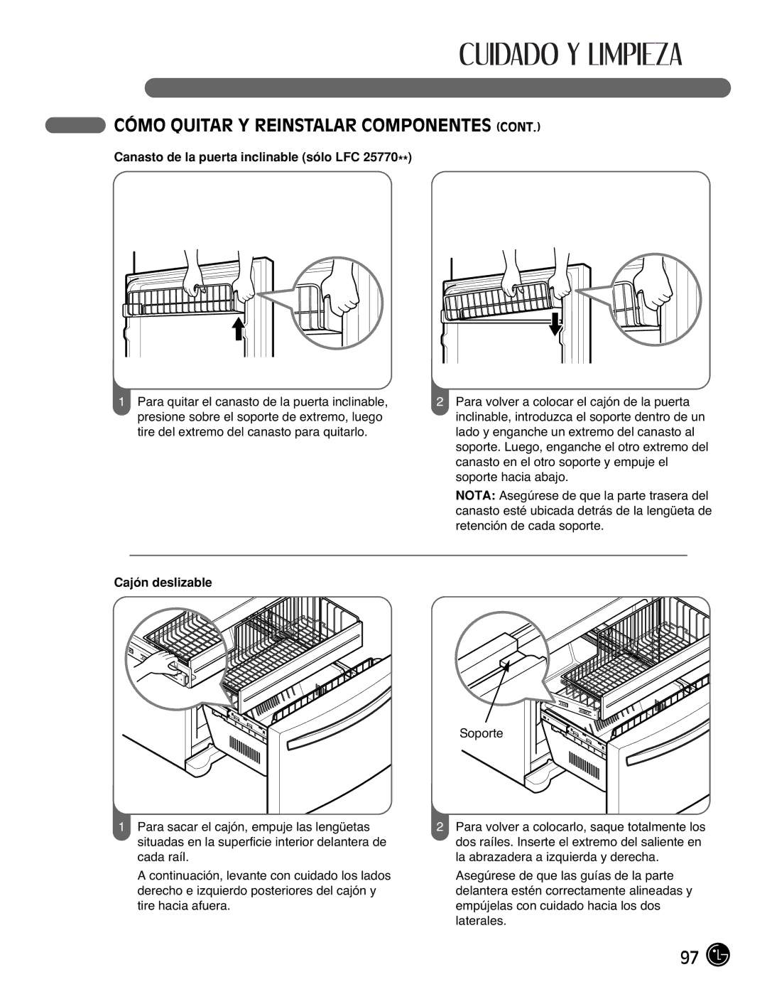 LG Electronics LFC25770, LFC21770 manual Canasto de la puerta inclinable sólo LFC, Cajón deslizable 