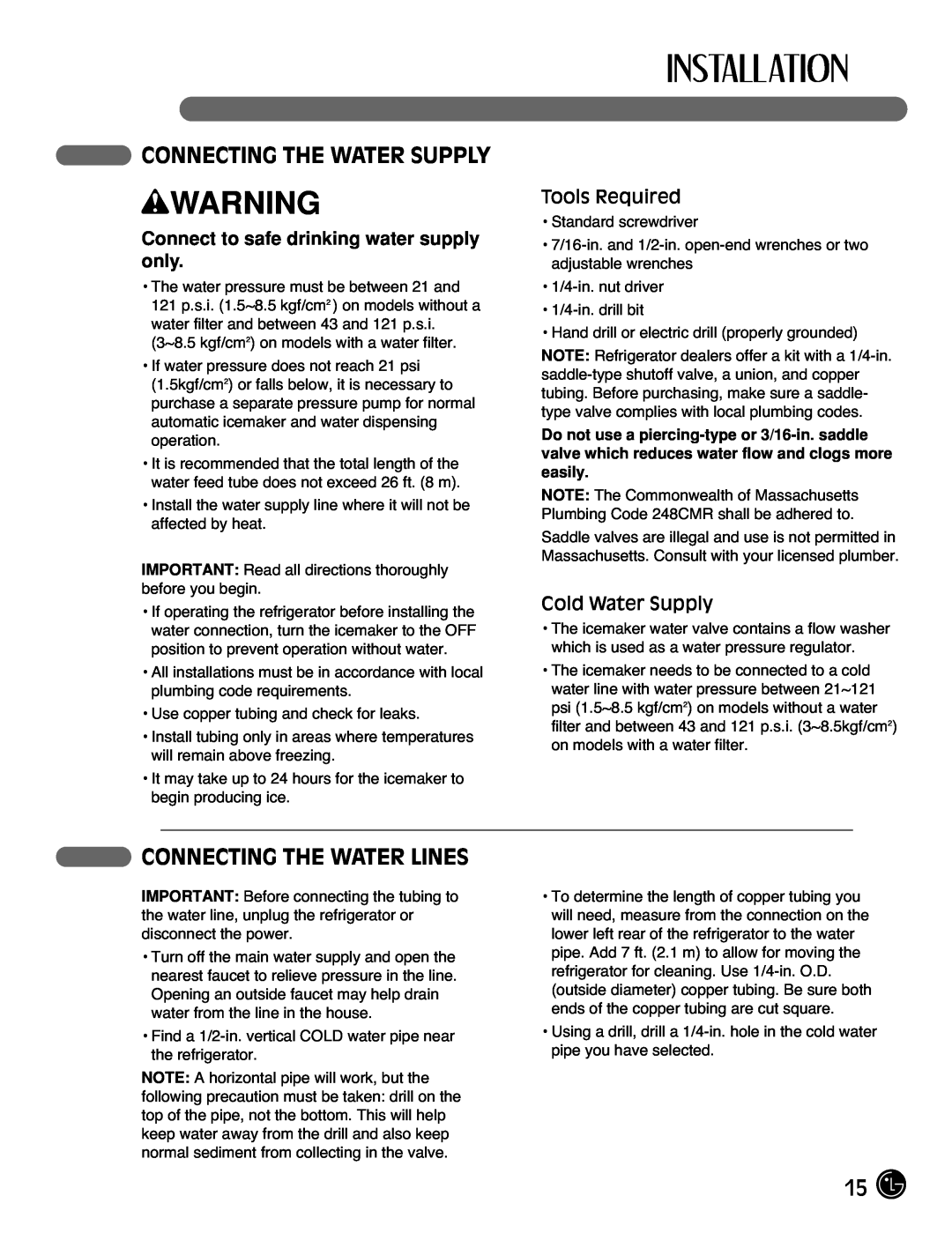 LG Electronics LFC25770 manual Connecting The Water Supply, Connecting The Water Lines, Tools Required, Cold Water Supply 