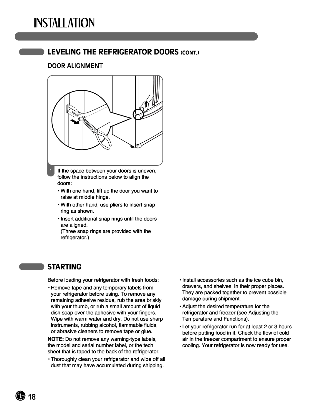 LG Electronics LFC21770, LFC25770 manual Leveling The Refrigerator Doors Cont, Starting, Door Alignment 