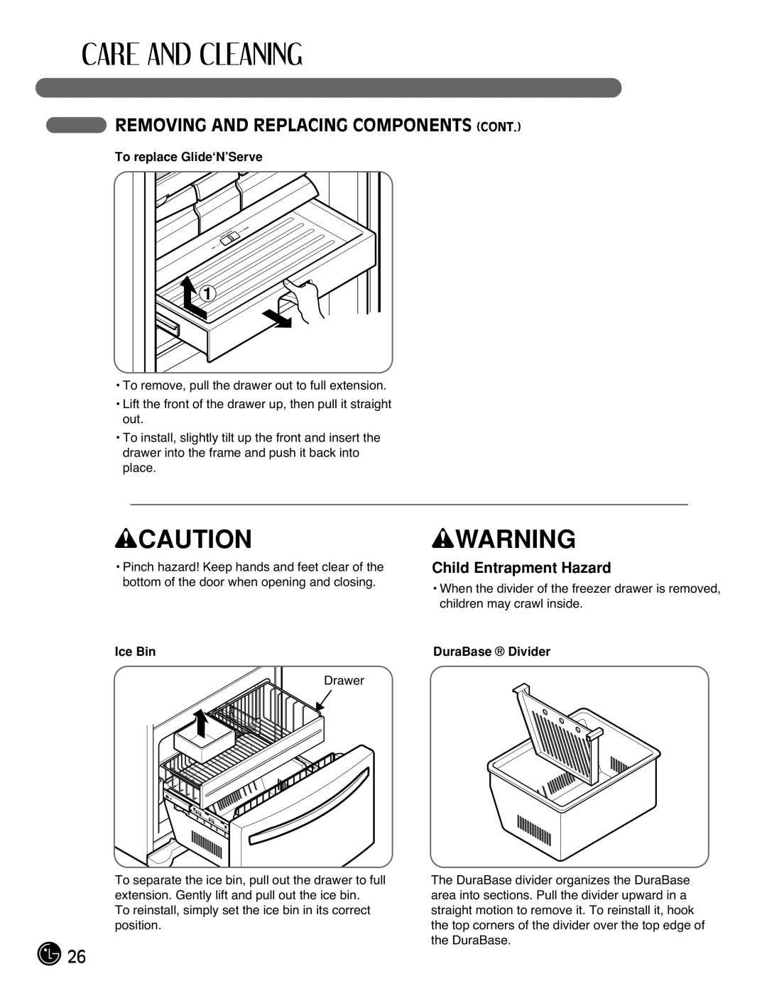 LG Electronics LFC21770 manual Child Entrapment Hazard, wCAUTION, wWARNING, Removing And Replacing Components Cont, Ice Bin 