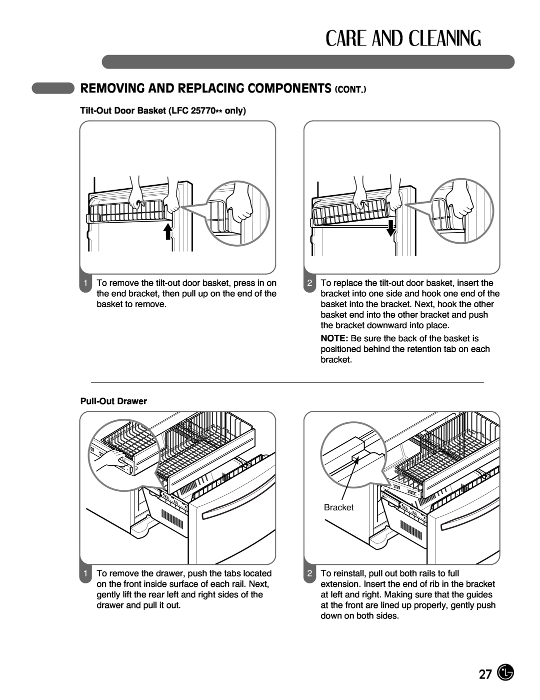 LG Electronics LFC25770 manual Removing And Replacing Components Cont, Tilt-OutDoor Basket LFC 25770** only, Pull-OutDrawer 