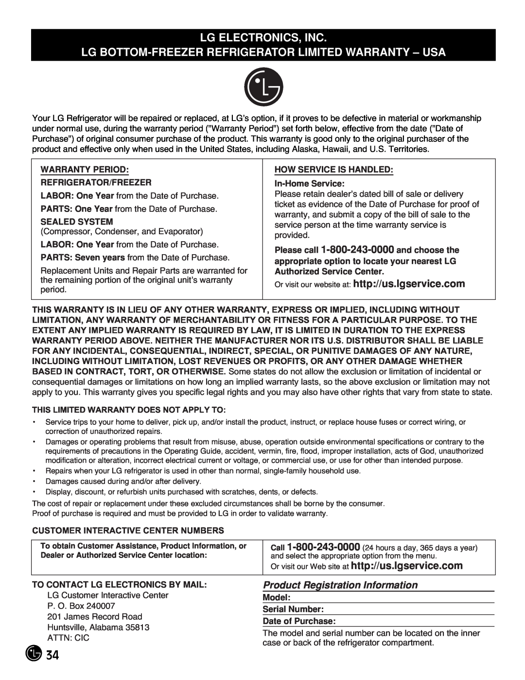 LG Electronics LFC21770 Lg Electronics, Inc, Product Registration Information, This Limited Warranty Does Not Apply To 