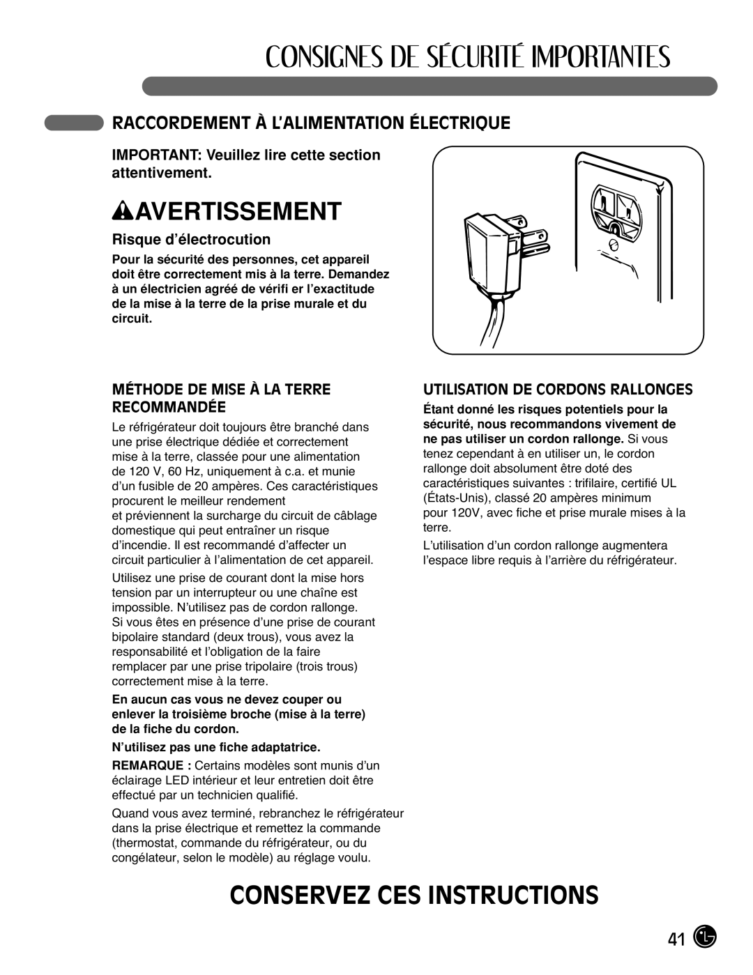 LG Electronics LFC25770 manual Conservez Ces Instructions, Raccordement À L’Alimentation Électrique, Risque d’électrocution 