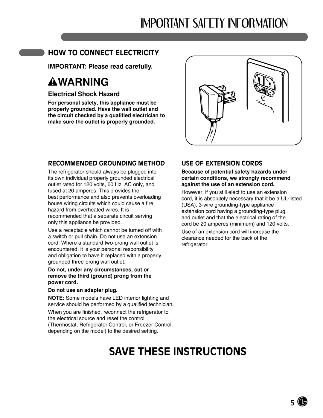 LG Electronics LFC25770 Save These Instructions, How To Connect Electricity, IMPORTANT: Please read carefully, wWARNING 